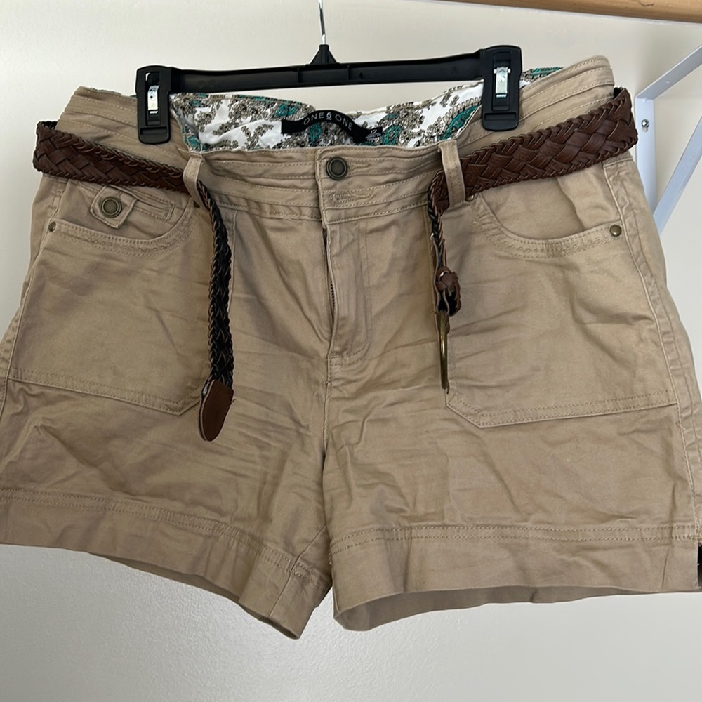 Khaki One 5 One shorts with brown braided belt